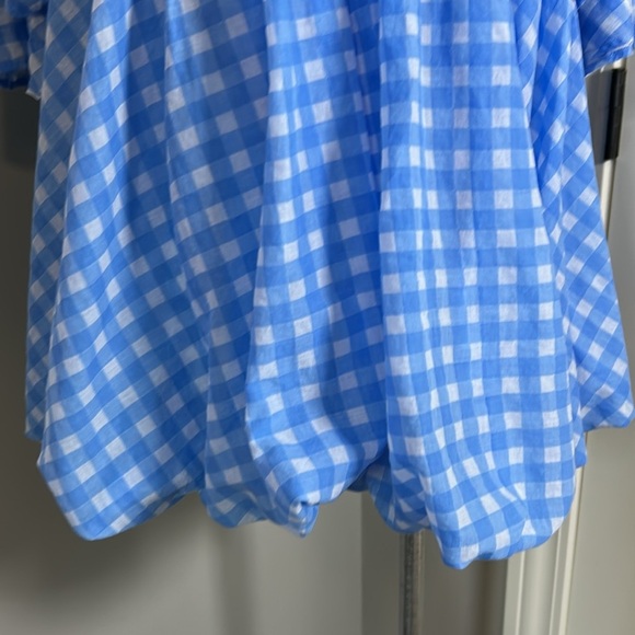 Free People Dress Gingham Blue White Lace Bubble Hem Angel Sleeve Sz L - Picture 3 of 9